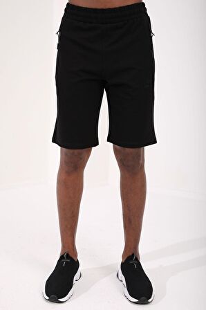 Siyah Gizli Fermuar Arka Cepli Bağcıklı Standart Kalıp Erkek Şort - 81136 | S