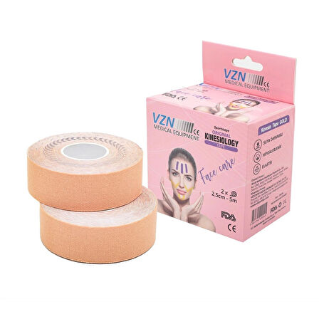 VZN Facetape Yüz Germe ve Kırışıklık Rehabilitasyon Bandı | Hipoalerjenik | %100 Pamuk | 2 Adet | 2,5 cm x 5 m