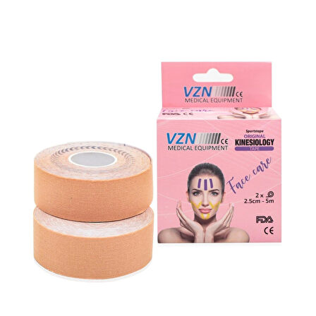 VZN Facetape Yüz Germe ve Kırışıklık Rehabilitasyon Bandı | Hipoalerjenik | %100 Pamuk | 2 Adet | 2,5 cm x 5 m