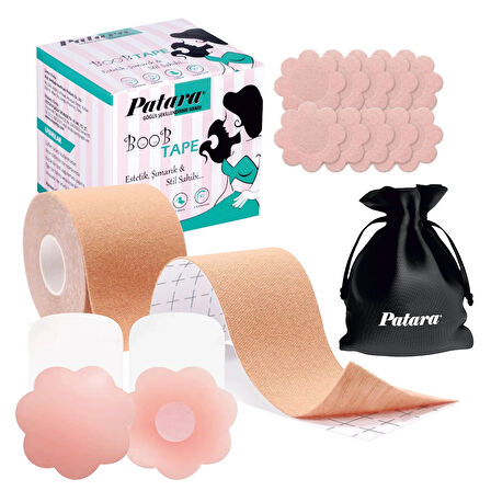 Premium Göğüs Dikleştirici Bant Seti | 5cm x 5m | 8 Saten + 2 Silikon Ped | Suya Dayanıklı | Hipoalerjenik | Ten Rengi