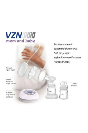 VZN Elektrikli Tekli Göğüs Süt Sağma Pompası – Sessiz & Hassas | 9 Kademeli Güç Ayarı | 2 Adet Anne Sütü Saklama Biberonu | USB Şarjlı | BPA İçermez