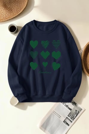 Unisex Kırıshıma Kalp Baskılı Bisiklet Yaka Sweatshirt