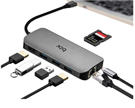 Bix Type-C to HDMI Ethernet USB 3.0 PD Kart Okuyucu Dönüştürücü Adaptör