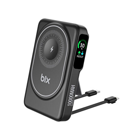 Bix TPB16 10.000 mAh OLED Ekranlı Manyetik Kablosuz Powerbank 20W PD Hızlı Şarj ve 15W MagSafe Siyah
