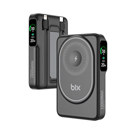 Bix TPB16 10.000 mAh OLED Ekranlı Manyetik Kablosuz Powerbank 20W PD Hızlı Şarj ve 15W MagSafe Siyah