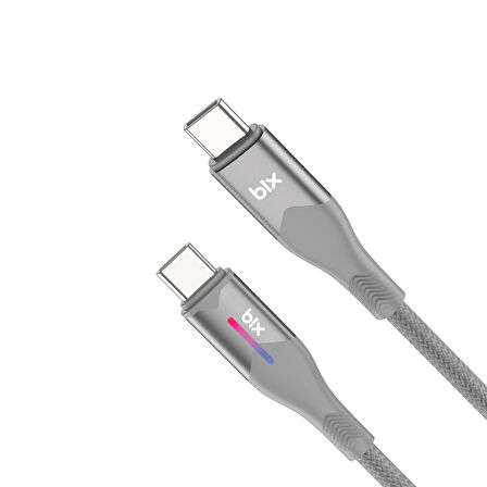 Bix Type-C to Type-C 60W Örgülü LED Işıklı Şarj ve Data Kablosu 1 Metre Gri