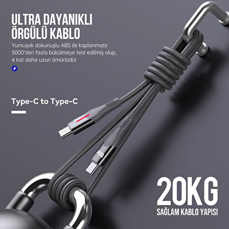 Bix Type-C to Type-C 60W Örgülü LED Işıklı Şarj ve Data Kablosu 1 Metre Gri