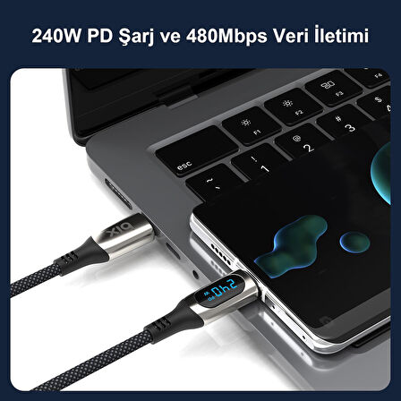 Bix Type-C to Type-C 240W 480Mbps E-Marker Çip Dijital Ekran Göstergeli Örgülü Şarj ve Data Kablosu 1 Metre