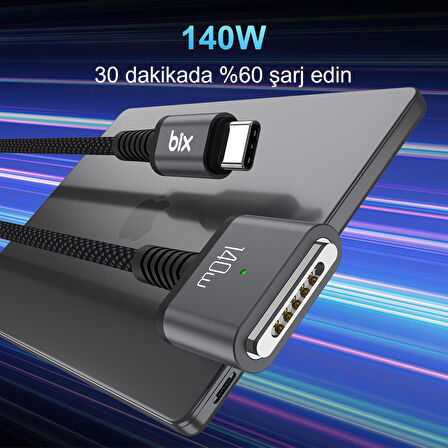 Bix 140W Type-C to Magsafe 3 Macbook Pro ve Macbook Air 13″ 14″ 16″ M1 M2 Uyumlu Manyetik Örgülü Şarj Kablosu 2 Metre
