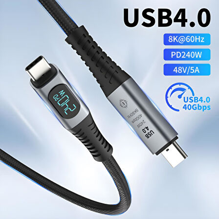 Bix USB4 Thunderbolt 4/3 Uyumlu PD 240W 40Gbps 8K 60Hz Ultra HD Dijital Ekran Göstergeli Şarj, Data ve Görüntü Kablosu 1 Metre