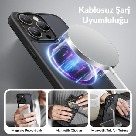 Bix iPhone 13 Pro MagSafe Uyumlu Kılıf Tam Koruma Manyetik Darbe Emici Siyah