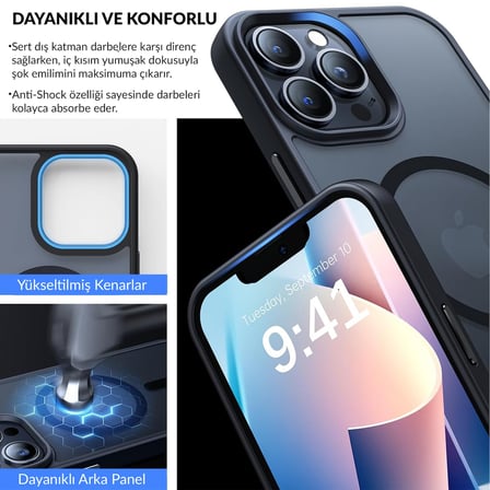 Bix iPhone 12 / 12 Pro MagSafe Uyumlu Kılıf Tam Koruma Manyetik Darbe Emici Gece Mavisi