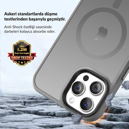 Bix iPhone 14 Pro MagSafe Uyumlu Kılıf Tam Koruma Manyetik Darbe Emici Gri