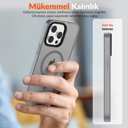 Bix iPhone 14 Pro Max MagSafe Uyumlu Kılıf Tam Koruma Manyetik Darbe Emici Gri