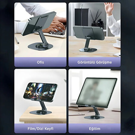 Bix TS01 Katlanabilir 360° Çok Açılı Yükseklik Ayarlı Metal Masaüstü Tablet iPad ve Telefon Standı Gri