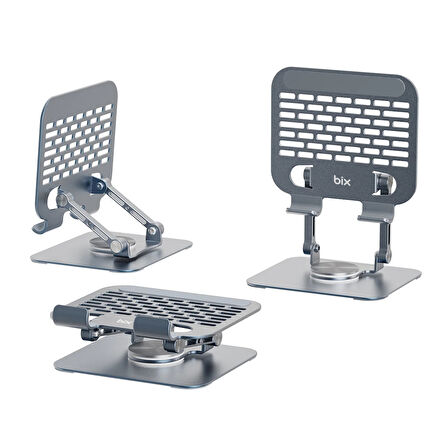 Bix PS01 360° Dönebilen Isı Dağıtımlı Katlanabilir Metal Tablet Standı iPad Tutucu Gri