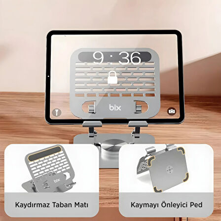 Bix PS01 360° Dönebilen Isı Dağıtımlı Katlanabilir Metal Tablet Standı iPad Tutucu Gri