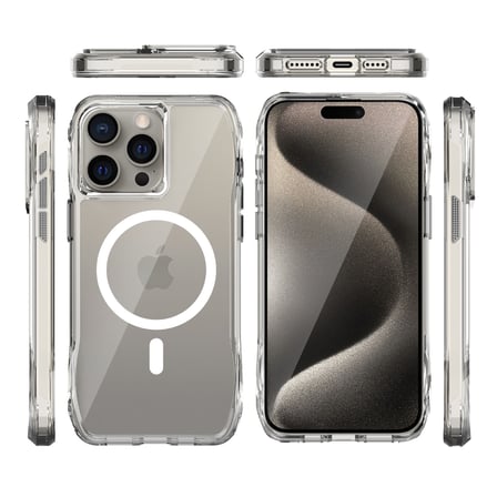 Bix iPhone 15 Pro Octagon Hava Yastıklı MagSafe Kılıf Maksimum Korumalı Antrasit Kristal Şeffaf 