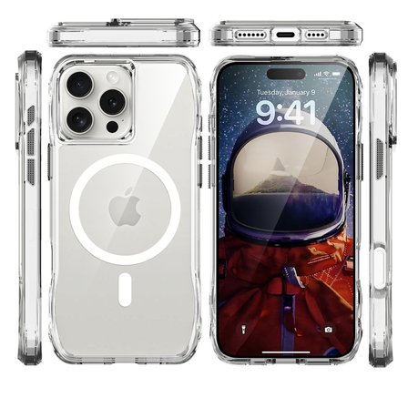 Bix iPhone 16 Pro Octagon Hava Yastıklı MagSafe Kılıf Maksimum Korumalı Antrasit Kristal Şeffaf 