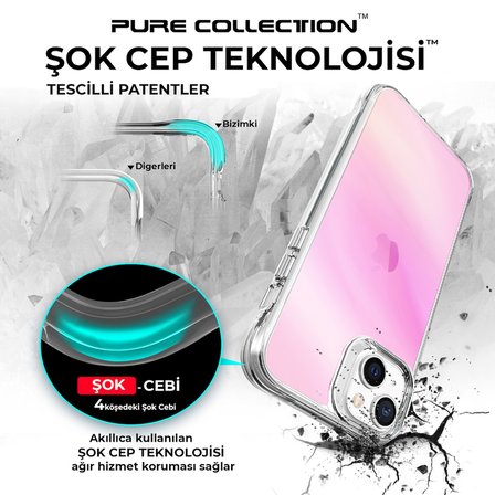 Bix iPhone 13 / 14 Pure Rainbow Renk Geçişli Şeffaf Kılıf Çizilmeye Dayanıklı Darbe Emici Parmak İzi Önleyici Pembe