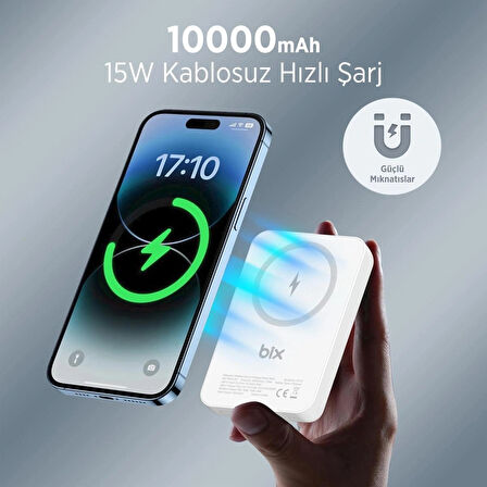 Bix PB112 15W Manyetik Kablosuz Şarj ve 20W USB-C Hızlı Şarj Destekli 10.000mAh Mini Powerbank