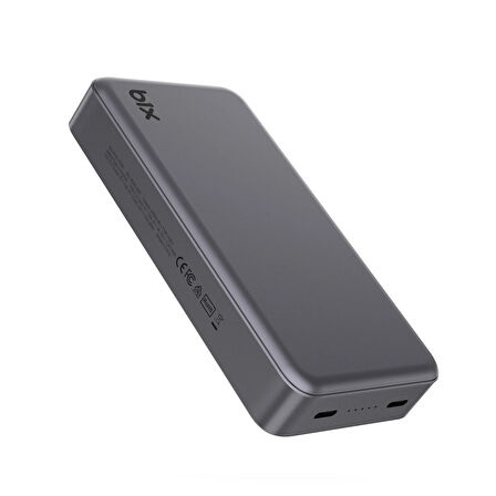 Bix PB205 20000mAh PD 20W Çift USB-C Portlu Hızlı Şarj Destekli Dayanıklı Metal Powerbank Koyu Gri