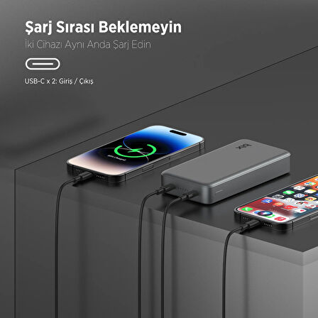 Bix PB205 20000mAh PD 20W Çift USB-C Portlu Hızlı Şarj Destekli Dayanıklı Metal Powerbank Koyu Gri