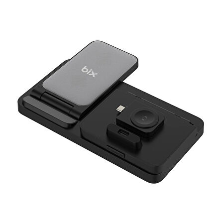 Bix BXMW4 15W Kablosuz Şarj Standı iPhone AirPods Akıllı Saat TWS Kulaklık Uyumlu Alarmlı Çoklu Şarj Cihazı Siyah
