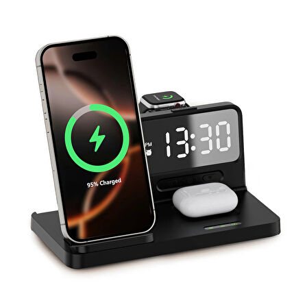 Bix BXMW4 15W Kablosuz Şarj Standı iPhone AirPods Akıllı Saat TWS Kulaklık Uyumlu Alarmlı Çoklu Şarj Cihazı Siyah