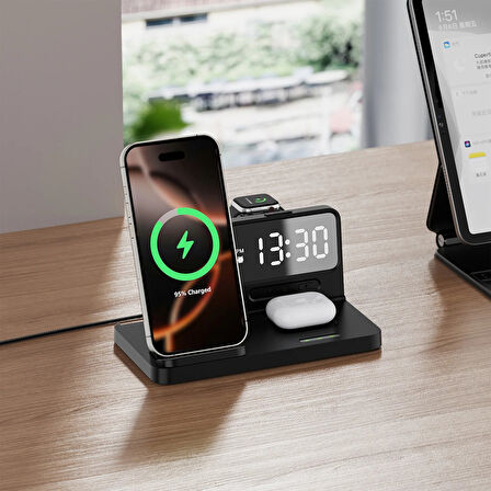 Bix BXMW4 15W Kablosuz Şarj Standı iPhone AirPods Akıllı Saat TWS Kulaklık Uyumlu Alarmlı Çoklu Şarj Cihazı Siyah