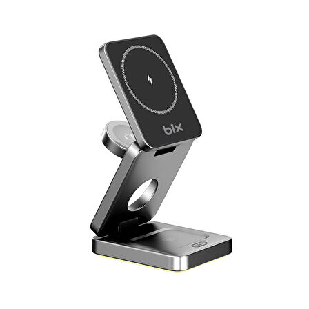 Bix BXMW7 3’ü 1 15W Kablosuz MagSafe Şarj Cihazı Katlanabilir Telefon TWS Kulaklık ve Akıllı Saat Uyumlu Magsafe