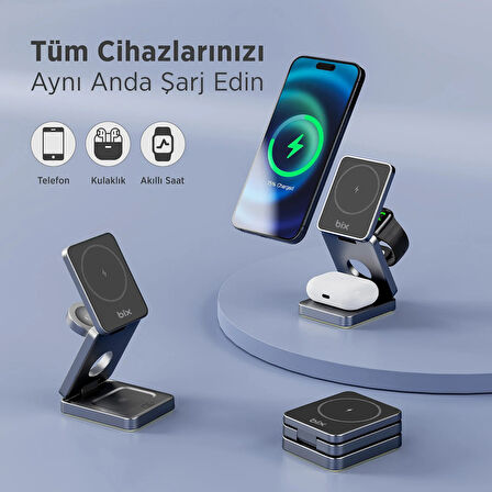 Bix BXMW7 3’ü 1 15W Kablosuz MagSafe Şarj Cihazı Katlanabilir Telefon TWS Kulaklık ve Akıllı Saat Uyumlu Magsafe