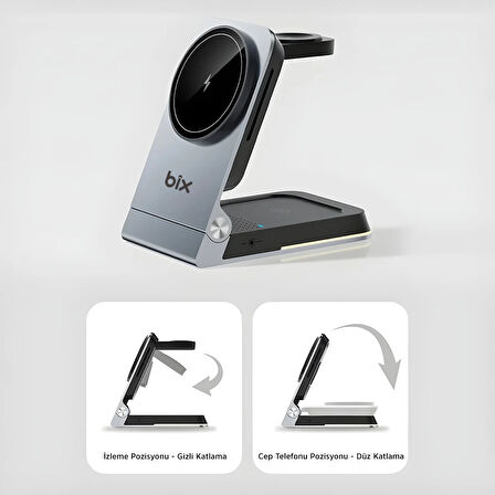 Bix BXMW5 3’ü 1 15W Kablosuz MagSafe Şarj Cihazı Katlanabilir Telefon TWS Kulaklık ve Akıllı Saat Uyumlu Manyetik