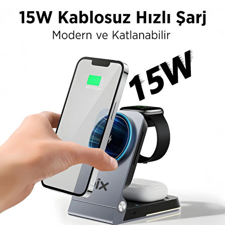 Bix BXMW5 3’ü 1 15W Kablosuz MagSafe Şarj Cihazı Katlanabilir Telefon TWS Kulaklık ve Akıllı Saat Uyumlu Manyetik