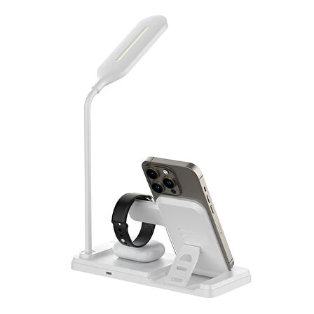 Bix BXMW8 3’ü 1 15W Kablosuz MagSafe Şarj Standı Telefon TWS Kulaklık Akıllı Saat iPhone AirPods Apple Watch Uyumlu LED Lambalı