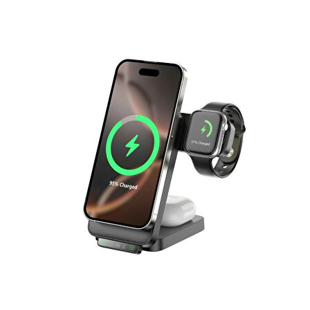 Bix TPS01 3’ü 1 15W Kablosuz Şarj Cihazı Telefon TWS Kulaklık Akıllı Saat Gece Işıklı Çok Fonksiyonlu Siyah