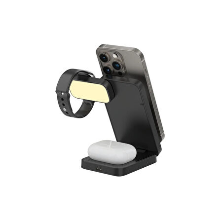 Bix TPS01 3’ü 1 15W Kablosuz Şarj Cihazı Telefon TWS Kulaklık Akıllı Saat Gece Işıklı Çok Fonksiyonlu Siyah