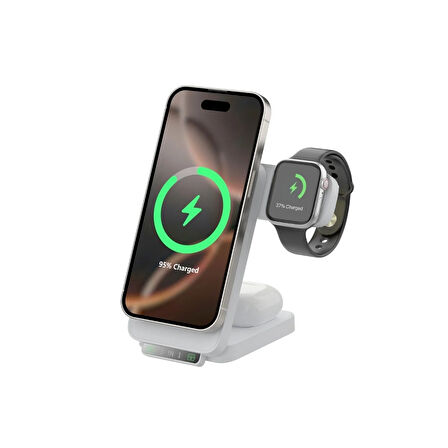 Bix TPS01 3’ü 1 15W Kablosuz Şarj Cihazı Telefon TWS Kulaklık Akıllı Saat Gece Işıklı Çok Fonksiyonlu Beyaz