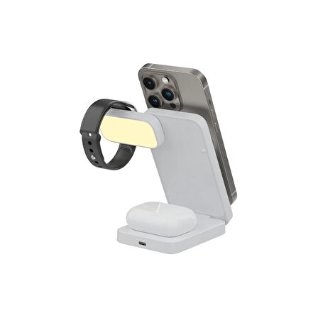 Bix TPS01 3’ü 1 15W Kablosuz Şarj Cihazı Telefon TWS Kulaklık Akıllı Saat Gece Işıklı Çok Fonksiyonlu Beyaz