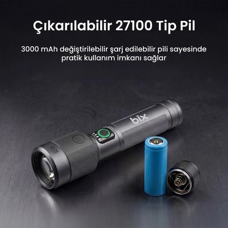 Bix BX2101FL 30W LED 690 Metre Uzun Menzilli Şarjlı El Feneri 1450 Lümen Güç Göstergeli Zoom Özellikli Işıklı Kamp Feneri 