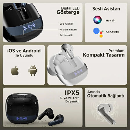 Bix TWX Soundcraft TWS Bluetooth 5.4 Kulak İçi Kulaklık Beyaz ANC ENC Gürültü Engelleme Dijital LED Ekranlı Beyaz