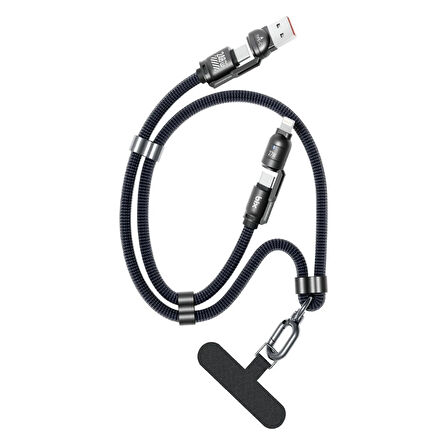 Bix 240W USB-A ve USB-C ve Lightning Çok Fonksiyonlu Askı İpli Premium Örgü 1.5 Metre Yüksek Hızlı Şarj ve Veri Kablosu Mavi