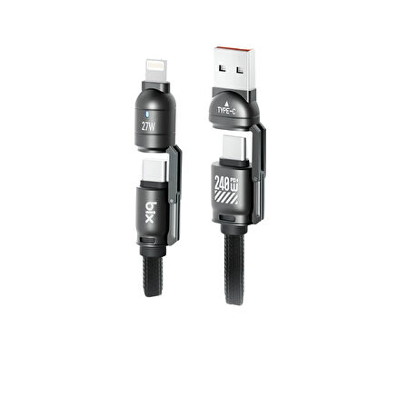 Bix 240W USB-A ve USB-C ve Lightning Çok Fonksiyonlu Askı İpli Premium Örgü 1.5 Metre Yüksek Hızlı Şarj ve Veri Kablosu Mavi