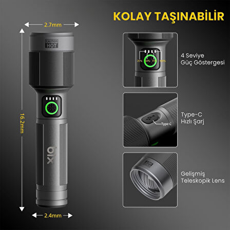 Bix BX5141FL 1450 Lümen 30W Led El Feneri Teleskopik Zoom Sos Modlu Metal Gövdeli Şarj Edilebilir Uzun Menzilli Flashlight