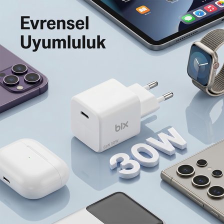 Bix BX1P32G GaN 30W iPhone & Android Uyumlu USB-C PD Hızlı Şarj Cihazı ve 1.2 Metre 3A Type-C Kablo Beyaz