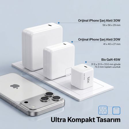 Bix BX1P46G 45W GaN Kompakt Şarj Aleti Type-C PPS/AVS Destekli Hızlı Şarj Cihazı Beyaz