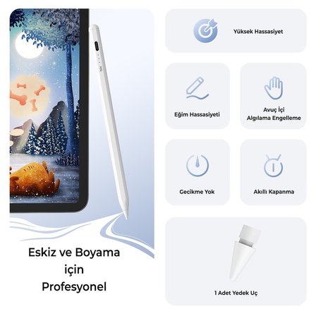 Bix SP03 Stylus Pen Manyetik Eğim Sensörlü Avuç İçi Engelleme Özellikli iPad Çizim ve Tasarım için Tablet Kalemi Beyaz