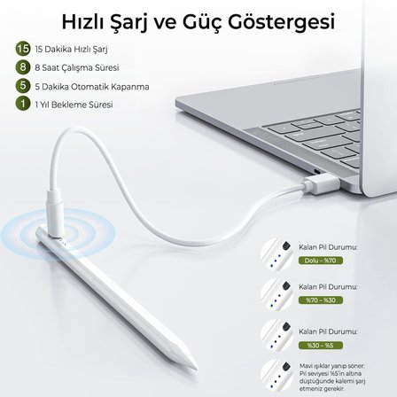 Bix SP03 Stylus Pen Manyetik Eğim Sensörlü Avuç İçi Engelleme Özellikli iPad Çizim ve Tasarım için Tablet Kalemi Beyaz