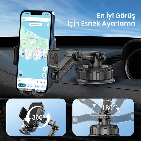 Bix BXCH15 Uzayabilen Ayarlanabilir Cam Torpido Ön Panel Uyumlu Çok Fonksiyonlu Vantuzlu Araç İçi Telefon Tutucu