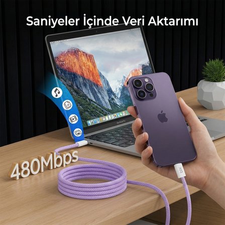 Bix T4CC 65W Type-C to Type-C Örgülü Manyetik Tasarım Hızlı Şarj ve Data Kablosu 1 Metre Beyaz